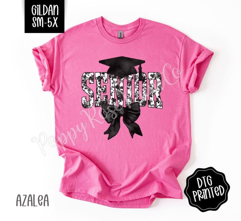 Black Senior Bow Gildan Shirt, Graduation Tshirt, Cute Coquette Tee, Gift for Her Hoodie, Sweatshirt | PureTeeCo.com