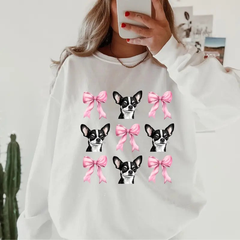 Black and White chihuahua with bows Sweatshirt ~ Sweatshirt Unisex Apparel Relaxed Fit Printed in the USA Clothing...