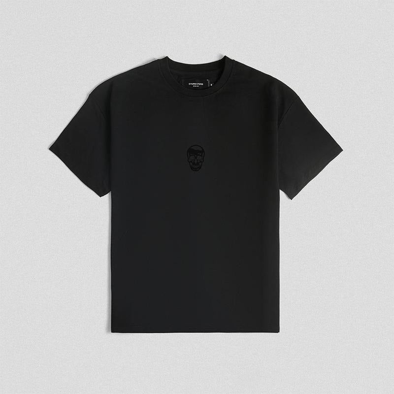 Classic Oversized Skull Tee - Black/Black, Ribbed Crew Neck Collar, 100% Cotton, Summer T-Shirt Gym Menswear Hoodie,...