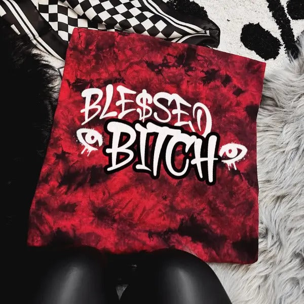 'Blessed Bitch' Red & Black Tie Dye Crewneck Sweatshirt, T Shirt, or Hoodie Pullover | Punk Rocker, Alt, Grunge, Goth,...