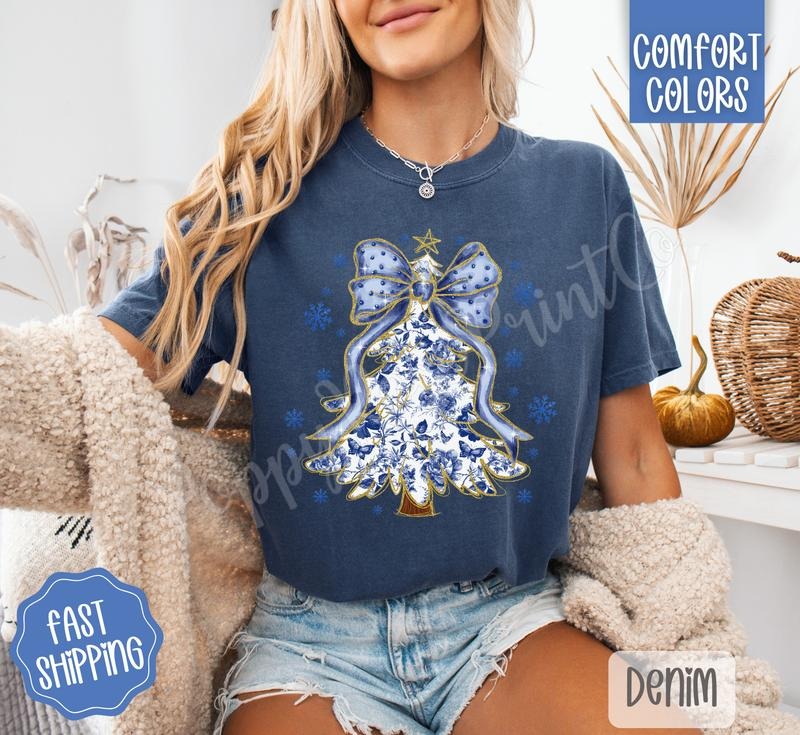 Blue Floral Christmas Tree Shirt Comfort Colors, Trendy Holiday Women's Tshirt Hoodie, Sweatshirt | PureTeeCo.com