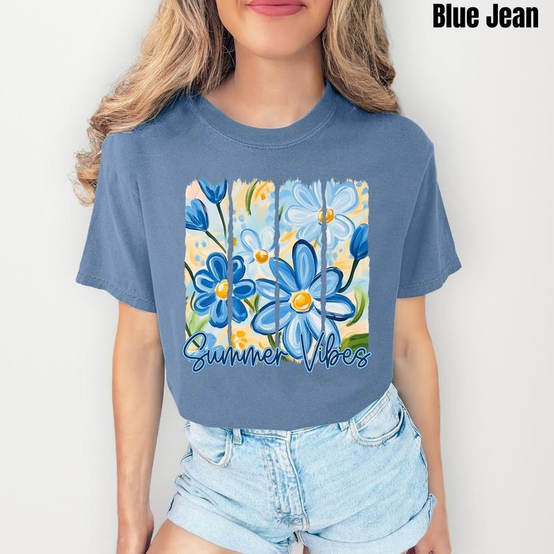 Blue Flower Summer Vibes Comfort Colors T-Shirt 'NLB' Hoodie, Sweatshirt | PureTeeCo.com