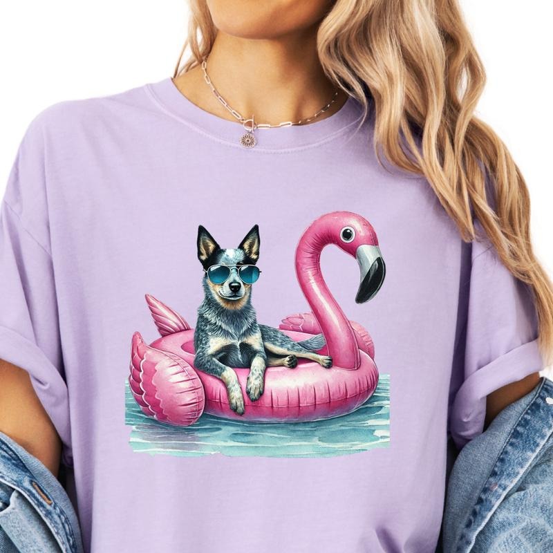 Blue Heeler Flamingo Float Dog Shirt ~ Unisex Apparel Relaxed Fit Printed In The USA Clothing Womenswear Casual Comfort...