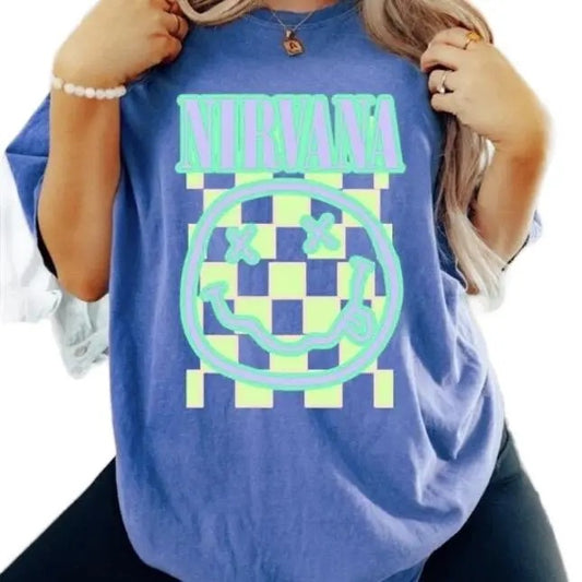 Blue Nirvana Smiley graphic tee on Oversized Womenswear Top Comfortable,  shirt hot trend 2025