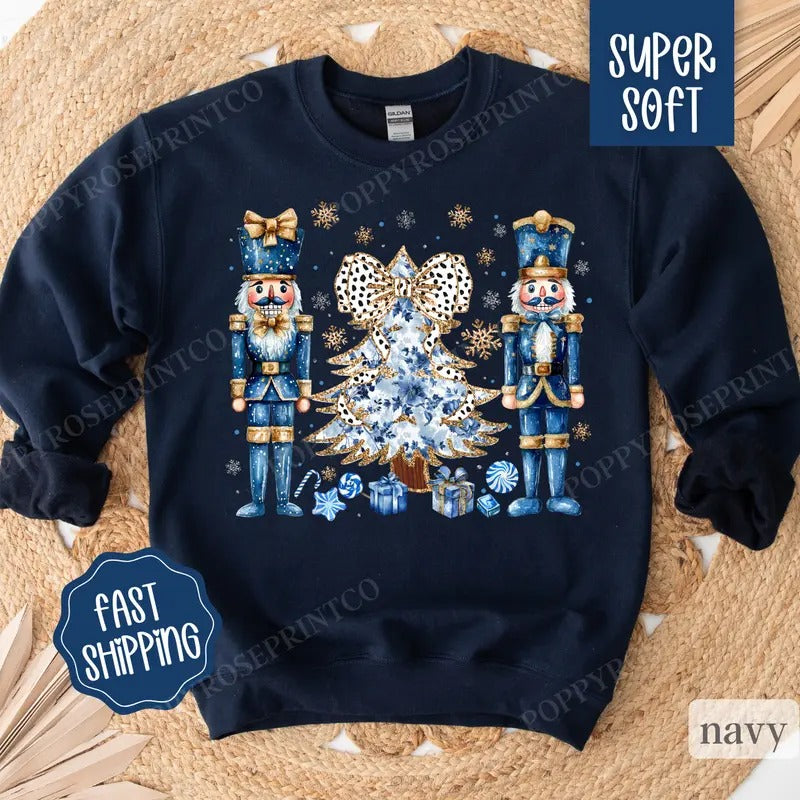 Blue Nutcracker Christmas Sweatshirt, Christmas Sweater, Women's Holiday Crewneck T-Shirts, Hoodie | PureTeeCo.com