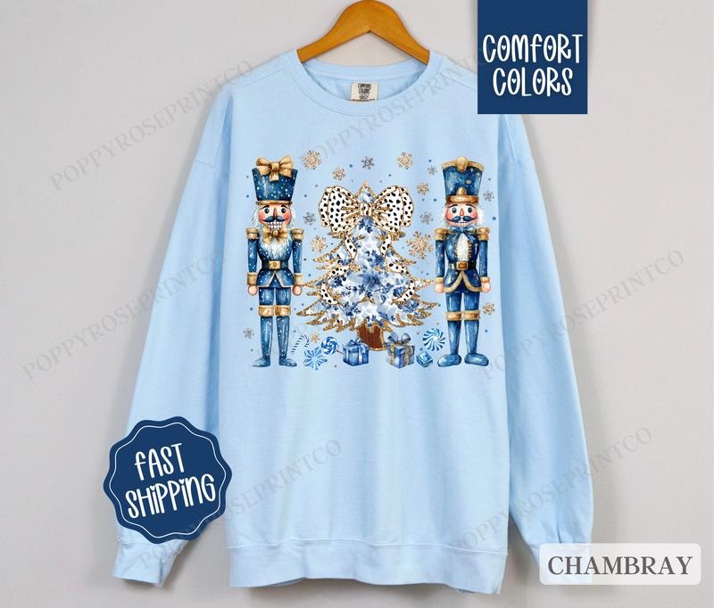 Blue Nutcracker Comfort Colors Sweatshirt, Christmas Sweater Womenswear, Holiday Crewneck T-Shirts, Hoodie | PureTeeCo.com