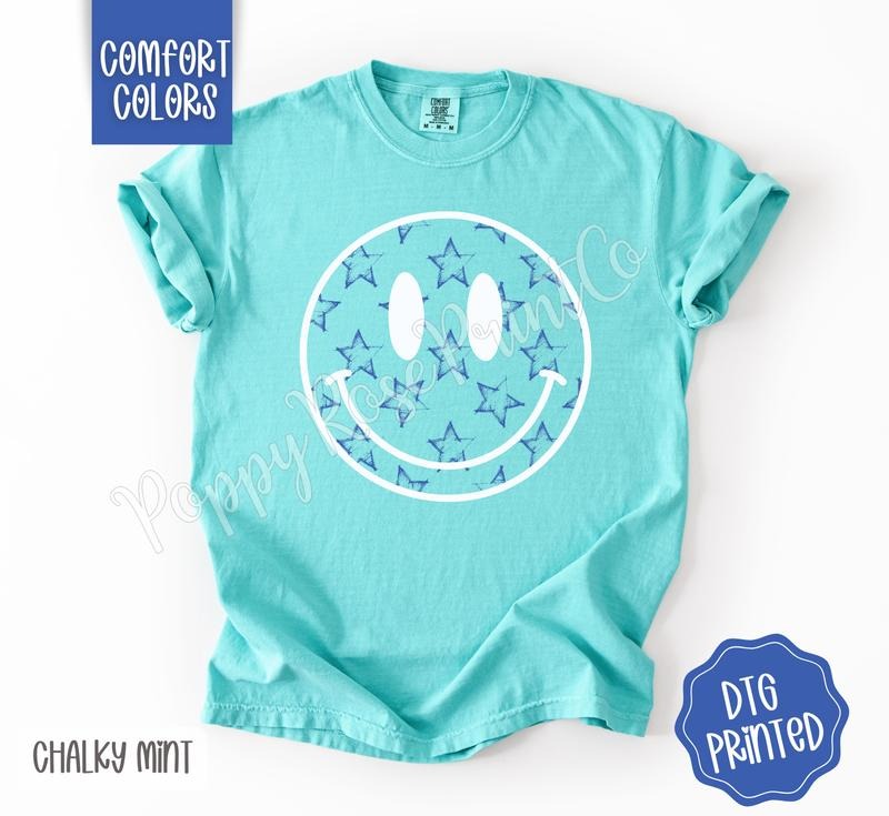 Blue Star Smiley Shirt Comfort Colors, Cute Happy Face TShirt, Trendy Summer Women's Tee, Gift for Her Hoodie, Sweatshirt