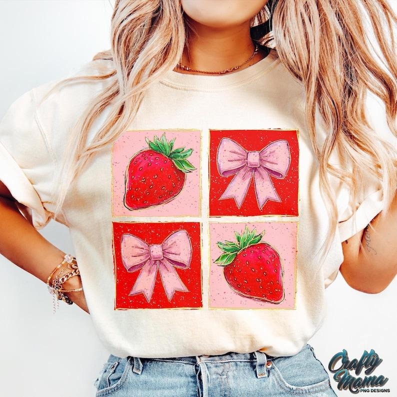 Boho Coquette Strawberry Preppy Summer Pink Bow Retro Trendy Summer T-Shirt Hoodie, Sweatshirt | PureTeeCo.com