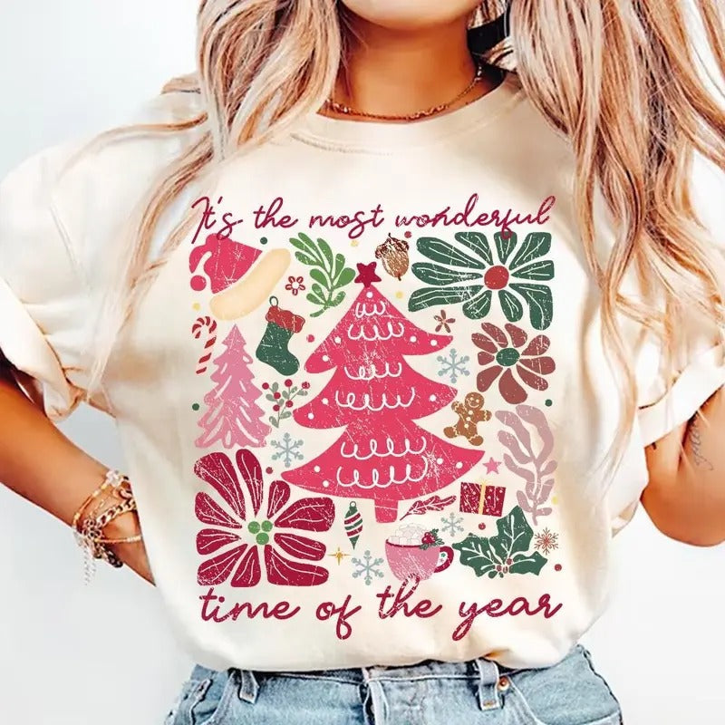 Boho Floral Christmas Shirt, Pink Christmas Hand Drawn, Boho Christmas Shirt, Coquette Christmas, Girly Christmas Tree...