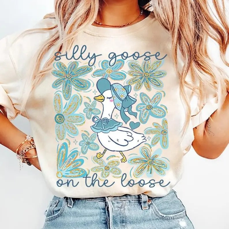 Boho Floral Goose T-shirt, Mama Goose Graphic Tee, Spring Floral GraphicTe, Silly Goose on the loose Girly T, Coquette...