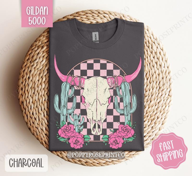 Boho Floral Skull Shirt Gildan, Desert Cow Floral Tshirt, Western Shirts Hoodie, Sweatshirt | PureTeeCo.com