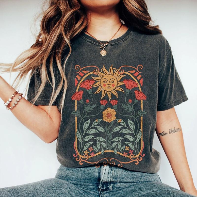 Boho Floral Tshirt Art Nouveau, WildFlowers Shirt, Wild Flower Tshirt, Comfort Shirts for Women, Vintage Botanical Tee...