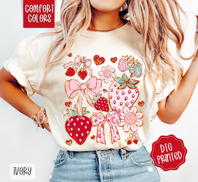 Boho Strawberry Comfort Colors Tshirt, Coquette Floral Women's Shirt, Trendy Fruit Tee, Gift for Her Hoodie, Sweatshirt