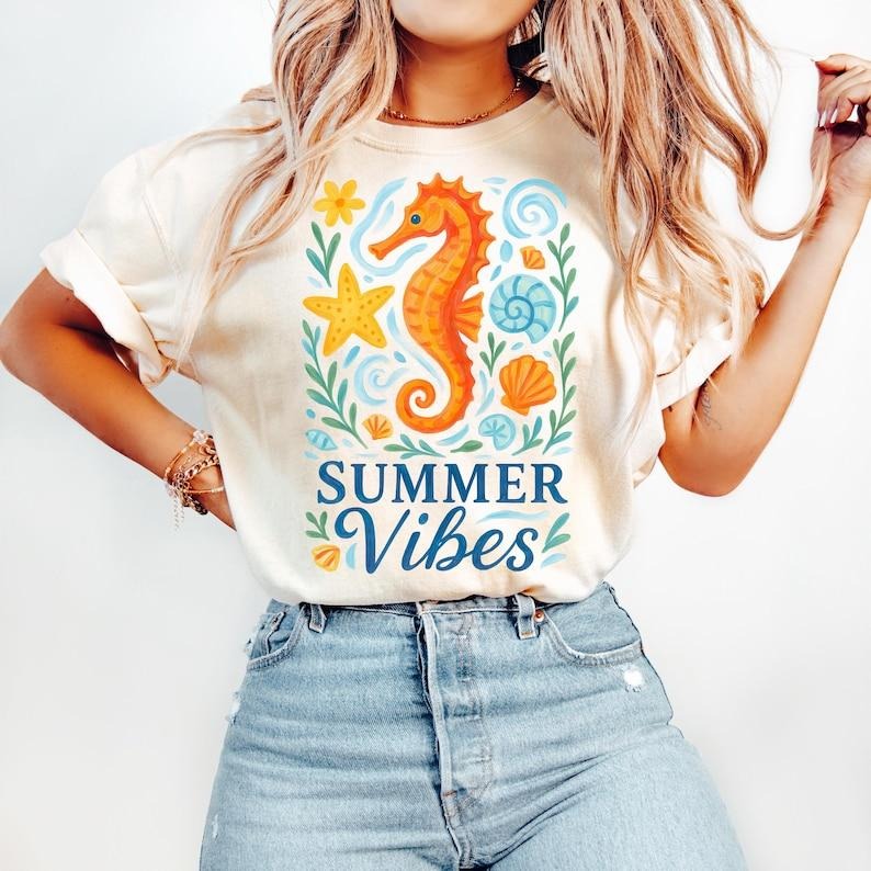 Boho Summer Seahorse Coastal Seashell Floral Watercolor Beach Coquette Pearl Bow T-Shirt Hoodie, Sweatshirt | PureTeeCo.com
