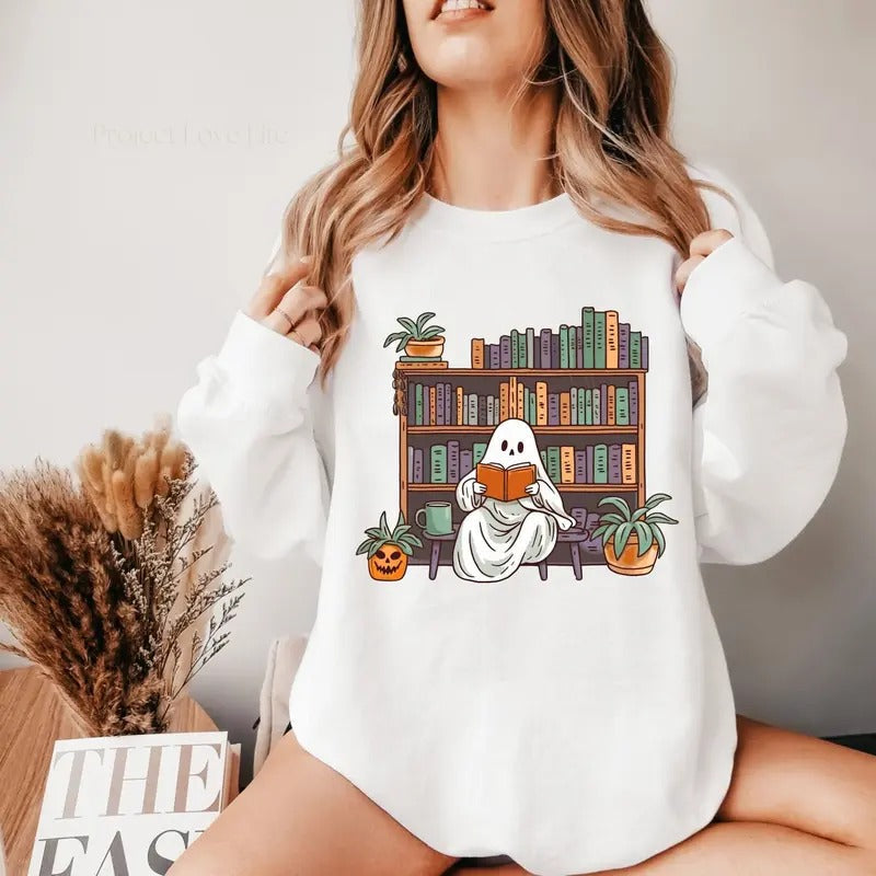 Bookish Ghost Sweater Spooky Library Shirt for Book Lover Reading Sweatshirt Cottagecore Pumpkin Crewneck Librarian...