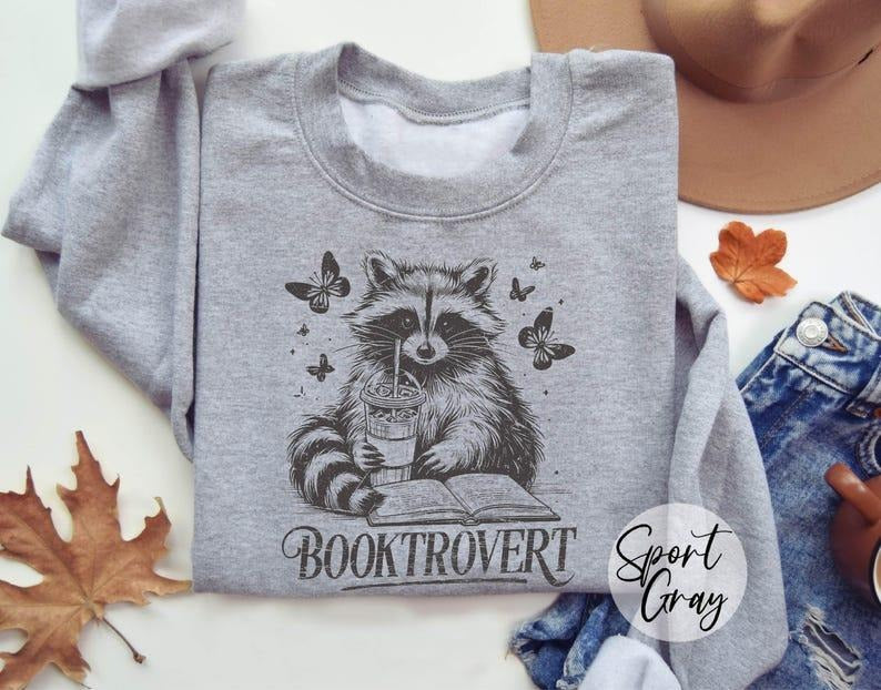 Booktrovert Sweatshirt, Book Lover Gifts, Reading Sweater, Reading Shirt, Raccoon Sweatshirt, Funny Raccoon Sweater,...
