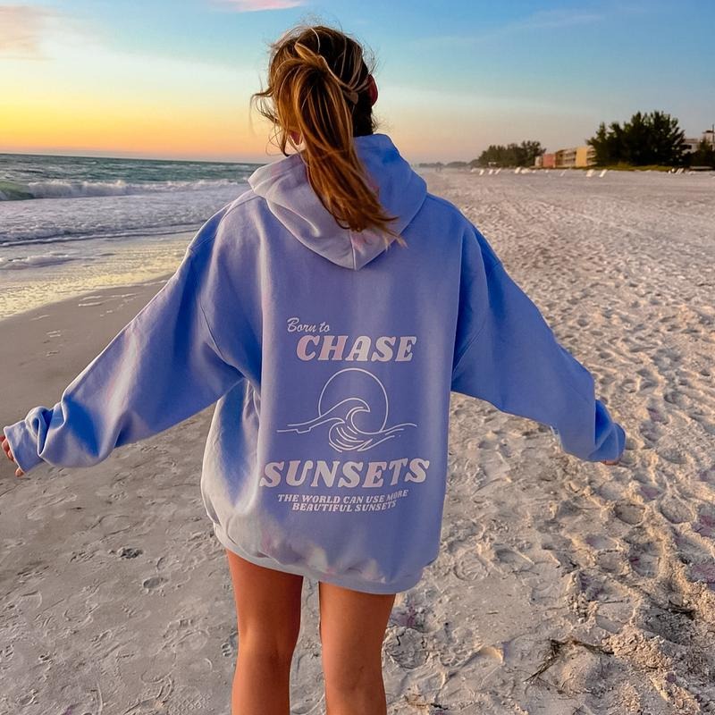 Born to chase sunsets Hoodie Polyester Womenswear Oversized Sweaters Tops Women Pullover T-Shirts, Sweatshirt | PureTeeCo.com