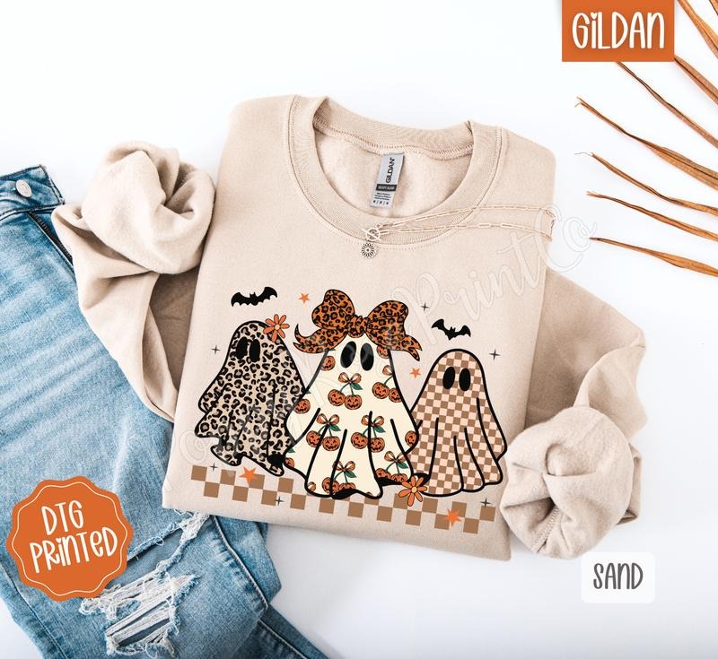Boujee Ghost Trio Sweatshirt, Trendy Women's Halloween Sweater T-Shirts, Hoodie | PureTeeCo.com