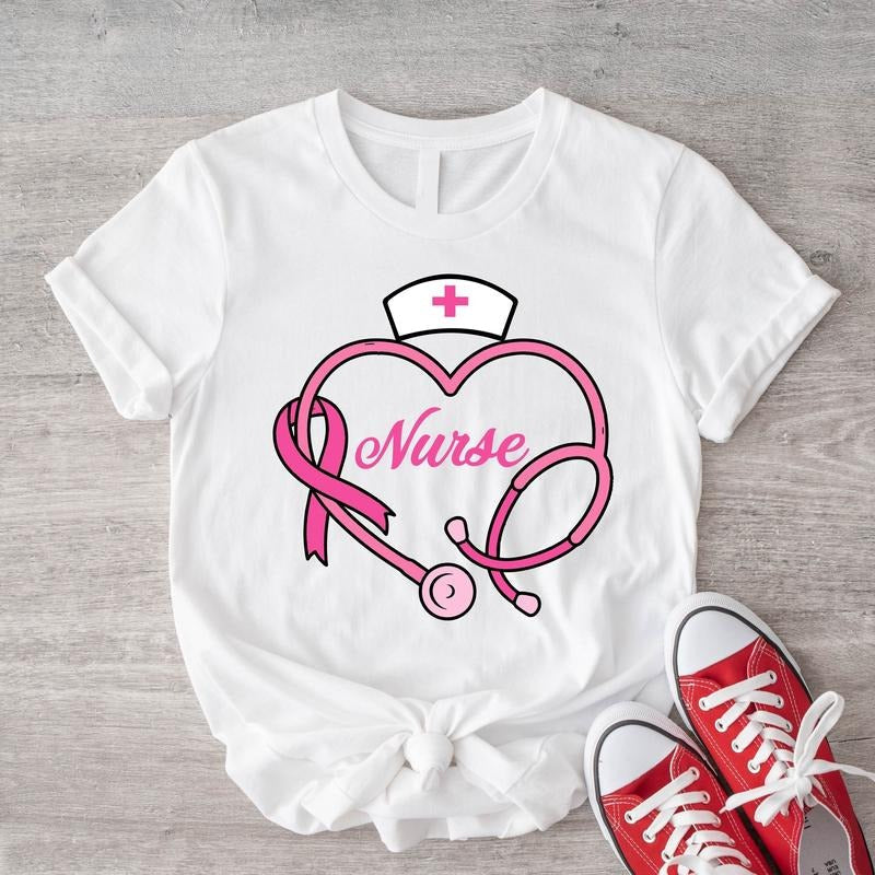 Breast Cancer Stethoscope Shirt, Nurse Breast Cancer Awareness Shirt, Matching Nurse Tee, Pink Ribbon Gift Tee, Cancer...