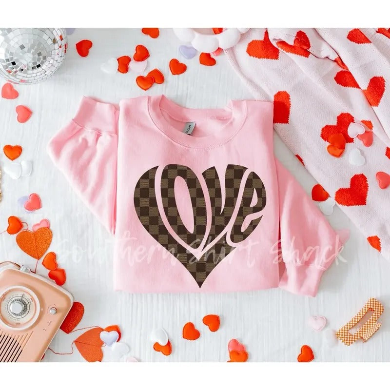 Brown Checkered Love Sweatshirt | Light Pink Sweatshirt T-Shirts, Hoodie | PureTeeCo.com