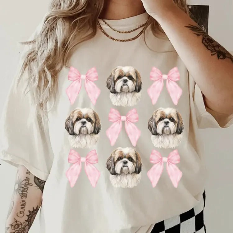 Brown and White Shih Tzu with bows Shirt~ Unisex Apparel Relaxed Fit Printed In The USA Clothing Womenswear Casual...
