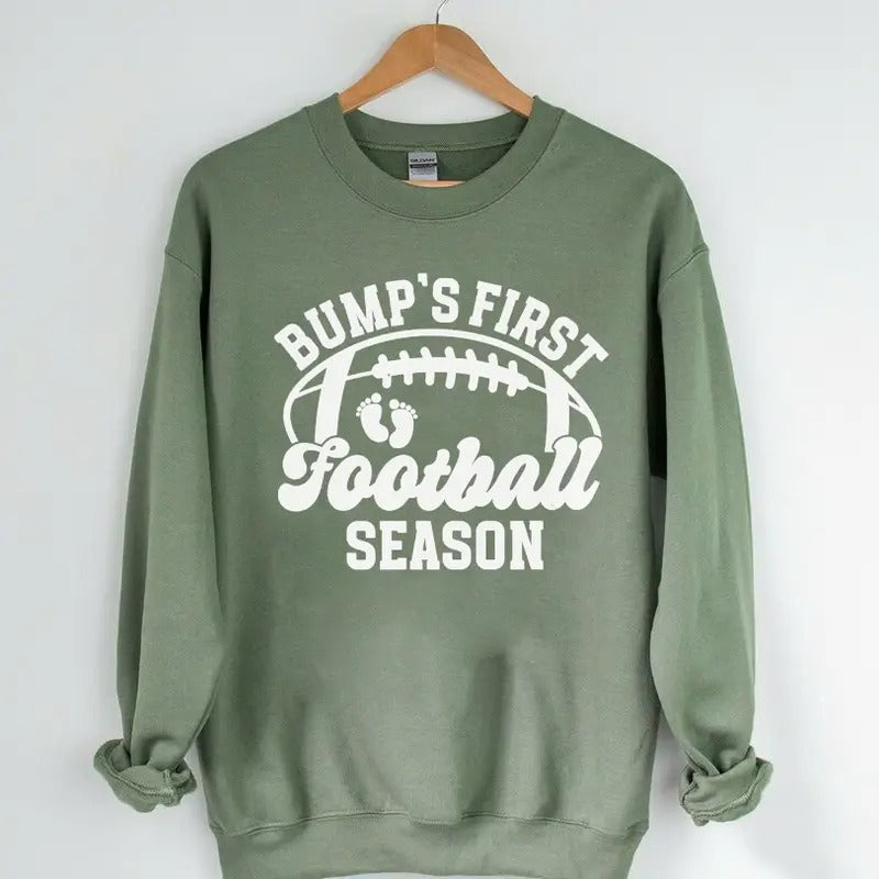 Bump's First Football Season Shirt, Football Pregnancy Announcement Maternity Tee Hoodie, Sweatshirt | PureTeeCo.com
