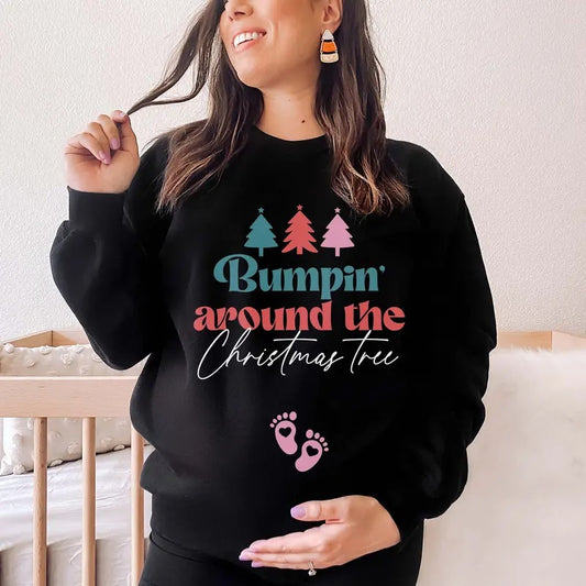 Bumpin Around the Christmas Tree Pregnancy Announcement Sweatshirt XMas Maternity Sweater Holiday Gender Reveal Jumper New Mom Baby Gift