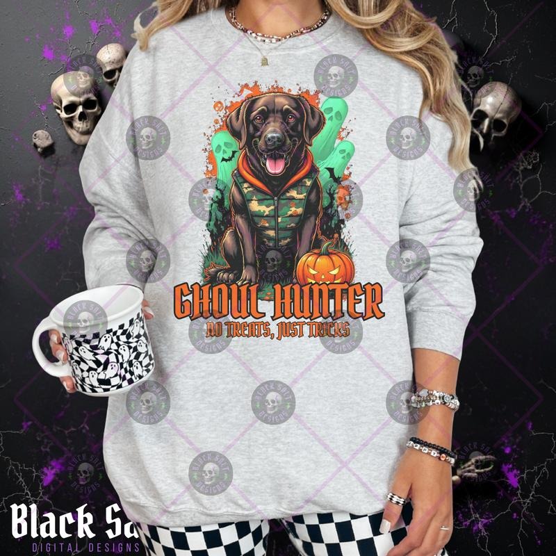 CHOC LAB Ghoul Hunter No Treats Just Tricks Camo Halloween Grunge Skulls Cotton Crewneck Sweatshirt Hoodie Casual All...