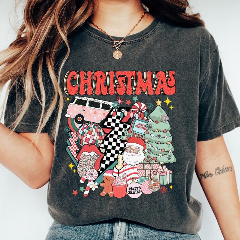 CHRISTMAS RETRO SYMBOLS T-SHIRT (COMFORT COLORS T-SHIRT, CASUAL SHIRT UNISEX, CHRISTMAS CLOTHING, GRAPHIC APPAREL,...