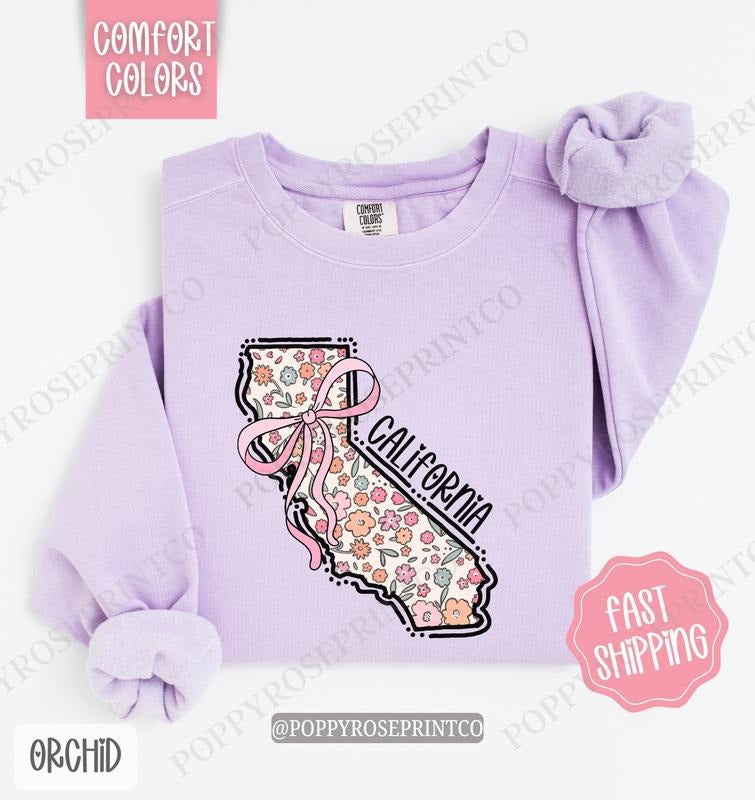 California Floral Comfort Colors Sweatshirt, California Sweatshirt, Cute Bow California Sweatshirt T-Shirts, Hoodie