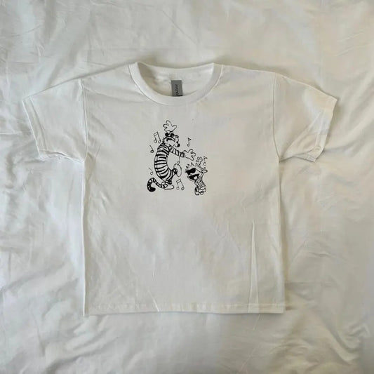 Calvin and Hobbes baby tee, Vintage-Style Cartoon T-Shirt, streetwear clothing, Pinterest, retro, comic duo, 90s stylestyle{n002}2