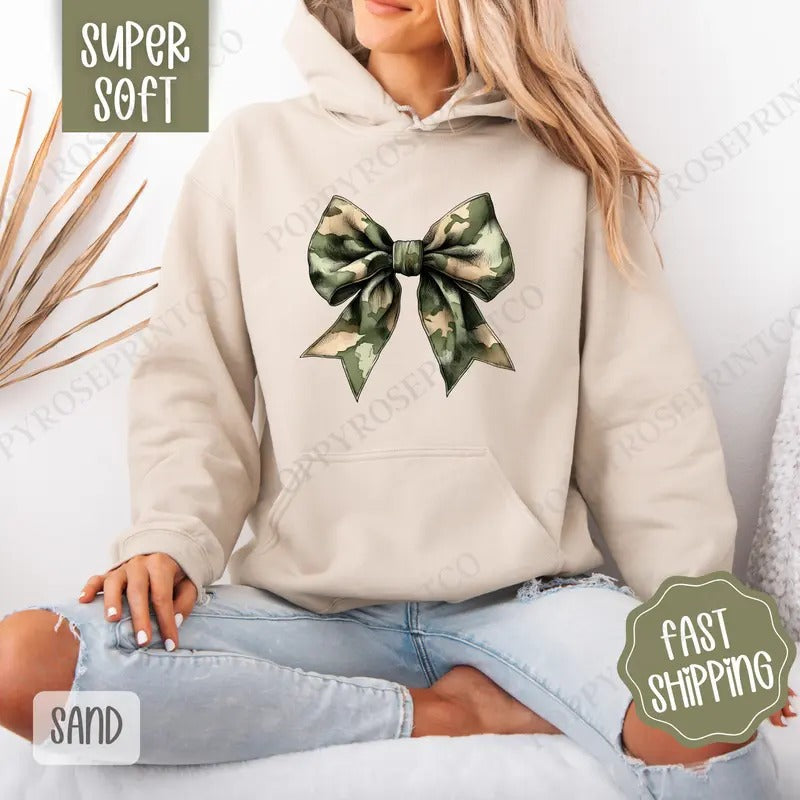 Camo Bow Hoodie, Cute Women's Crewneck, Trendy Women's Hooded Sweater T-Shirts, Sweatshirt | PureTeeCo.com