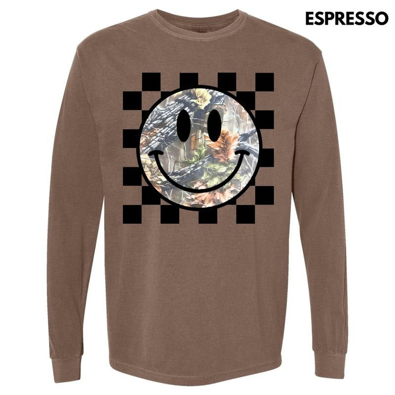 Camo Checker Happy Face Long Sleeve Comfort Colors T-Shirt 'NLB' Hoodie, Sweatshirt | PureTeeCo.com