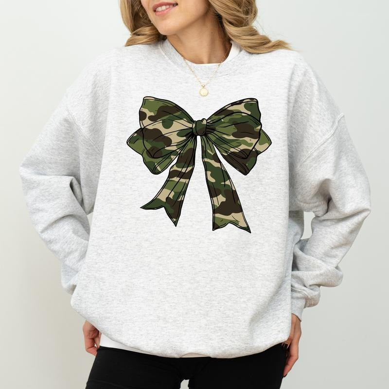 Camo Coquette Bow Hunting Sweatshirt for Women, Camouflage Bow Crewneck, Hunter's Wife Sweater, Duck Hunt Tops, Cotton...