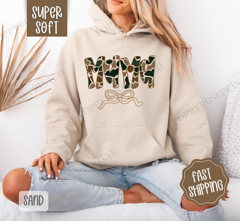 Camo Mama Hoodie, Women's Crewneck, Cute Camo Women's Hooded Sweater T-Shirts, Sweatshirt | PureTeeCo.com