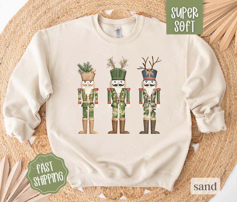 Camo Nutcracker Christmas Trees Sweatshirt, Country Christmas Crewneck,  Womens Holiday Hunting Sweater T-Shirts, Hoodie
