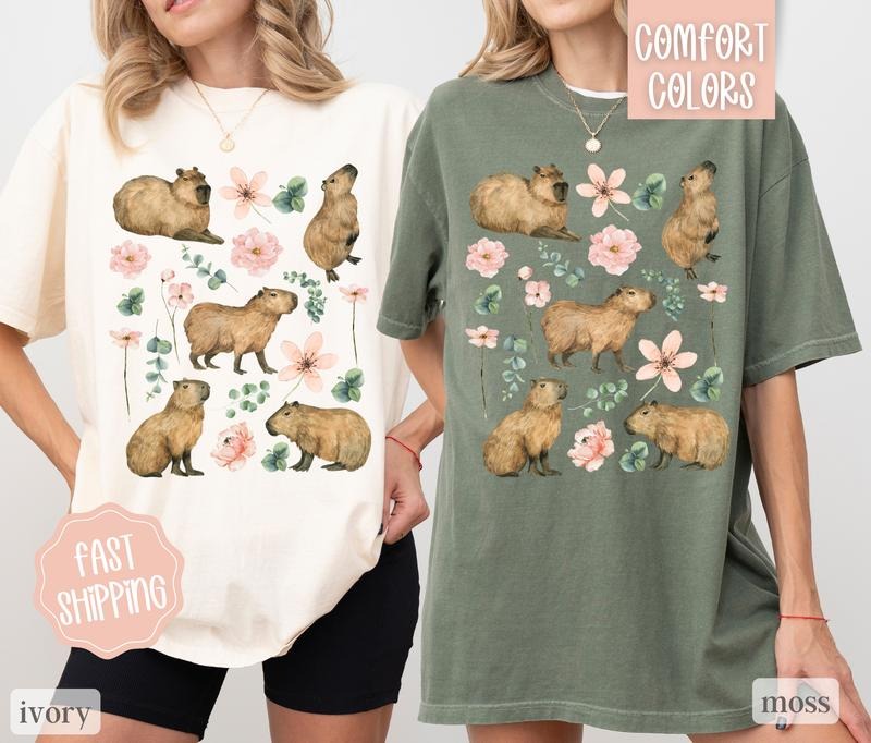 Capybara Floral Shirt Comfort Colors, Cute Capybara Shirt, Women's Oversized Shirt, Vintage Shirt Hoodie, Sweatshirt
