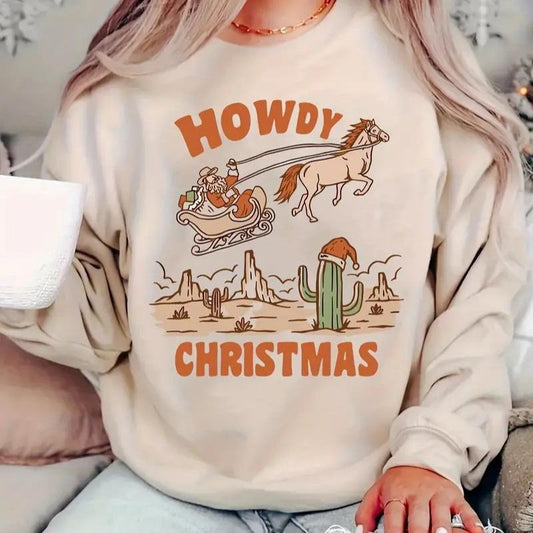 Casual Crew Neck Sweatshirt for Women - Long Sleeve Christmas Graphic Knit Pullover - Western Howdy Christmas