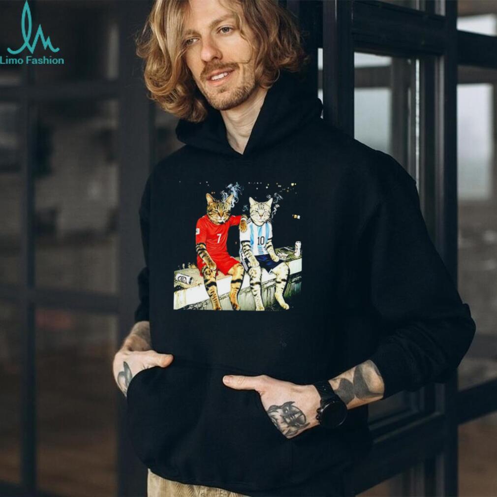 Cat Drinking Humor and smoking Ronald and Messi shirt