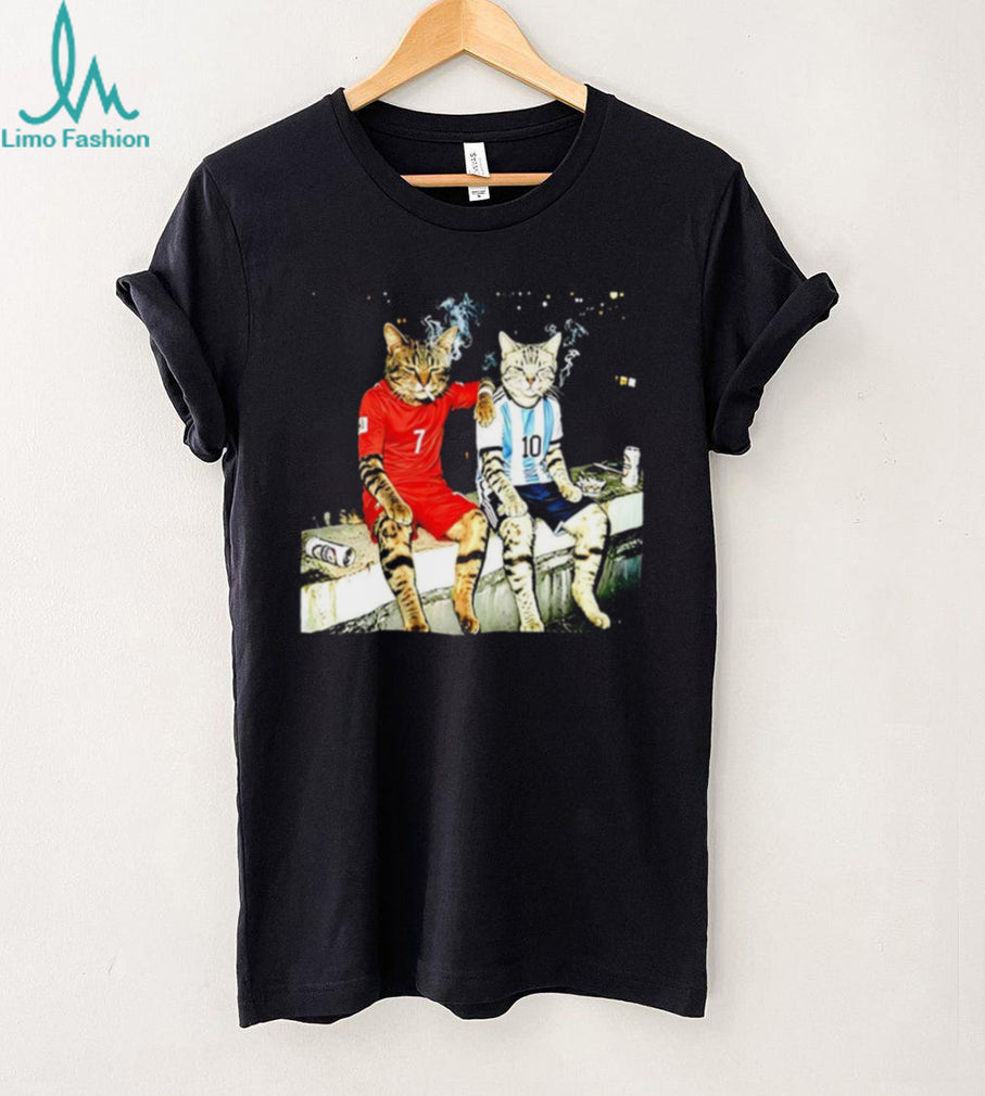 Cat Drinking Humor and smoking Ronald and Messi shirt