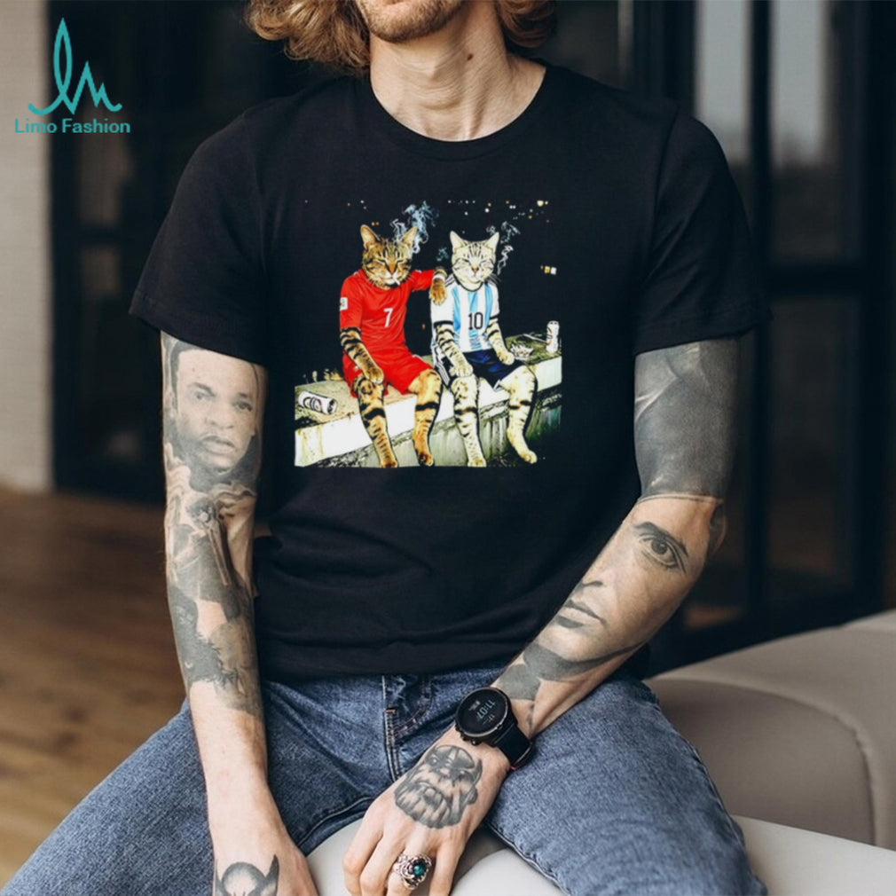 Cat Drinking Humor and smoking Ronald and Messi shirt