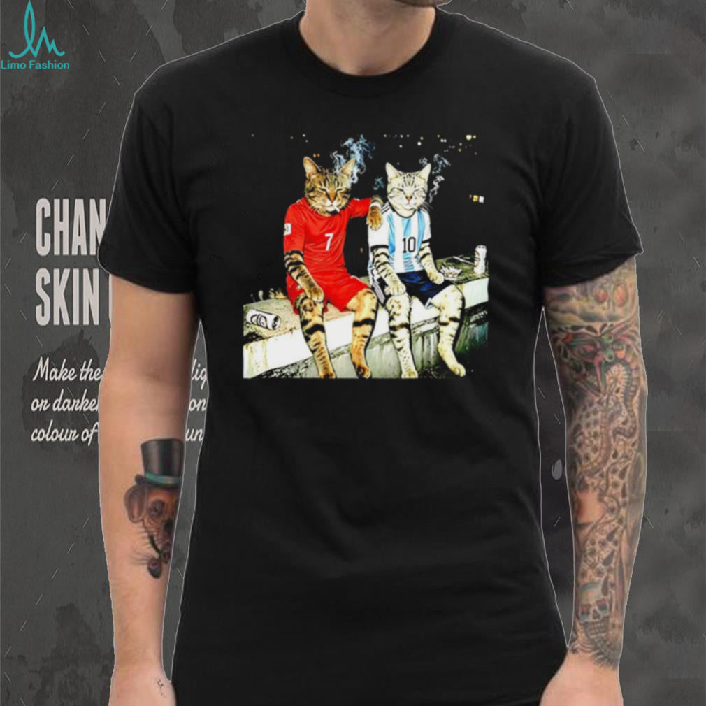 Cat Drinking Humor and smoking Ronald and Messi shirt