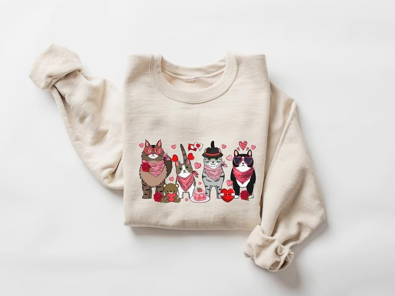 Cat Valnetine Sweatshirt, Cute Cats Valentines Day Sweatshirt, Cat Lover Valentine Gift, Cat Family Sweater, Mini Bear...
