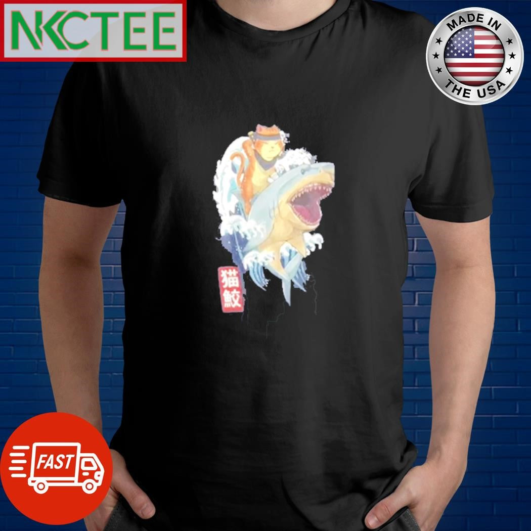 Cat ride shark wave paint Japan shirt
