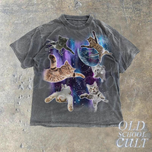 Cats Floating In Galaxy Vintage 90s T-Shirt, Retro Funny Cat Unisex Tshirt,, Funny Cat Meme Shirt, Kitten Lovers Tee, Trippy Graphic Shirt