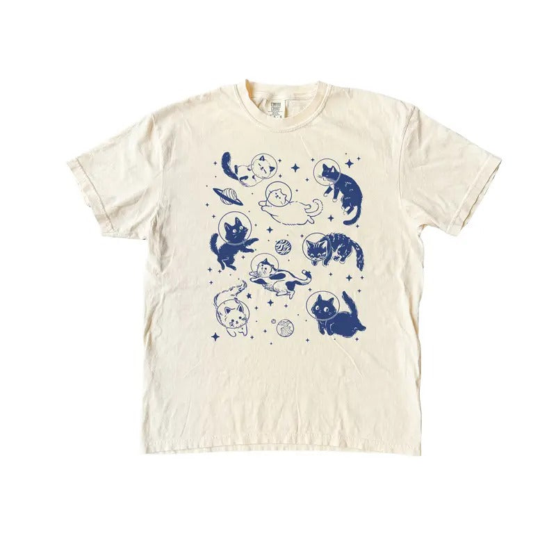 Cats In Space T Shirt - Vintage Graphic Tee - Cat Lover Tshirt - Funny Kitty Retro Shirt