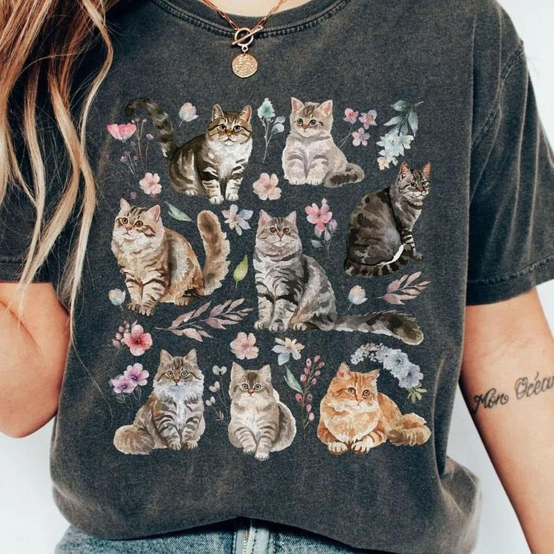 Cats Shirt, Cat Lovers Shirt, Gift for Cat Lover, Funny Cat Tee, Vintage Pet Shirt for Women, Vinatage Floral Shirt,...