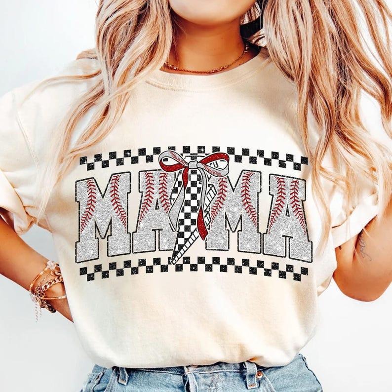Checkered Baseball Mama, Retro Game Day, Baseball Bow T-shirt Hoodie, Sweatshirt | PureTeeCo.com