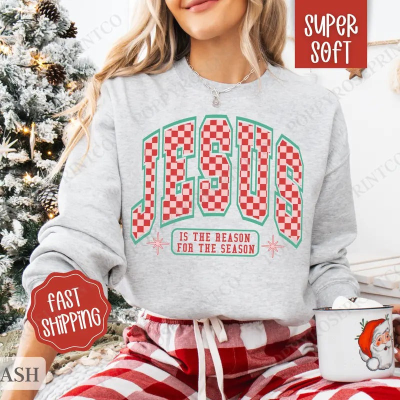 Checkered Jesus Sweatshirt, Christmas Sweater, Women's Holiday Crewneck T-Shirts, Hoodie | PureTeeCo.com