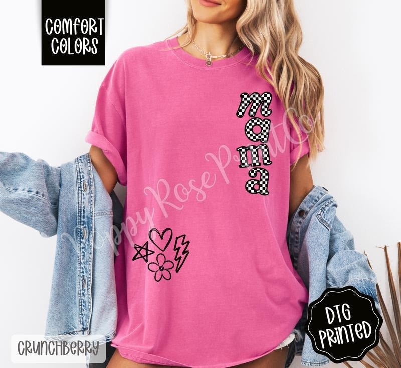 Checkered Mama Doodle Shirt Comfort Colors, Trendy Graphic Women's Tee, Gift for Her Hoodie, Sweatshirt | PureTeeCo.com